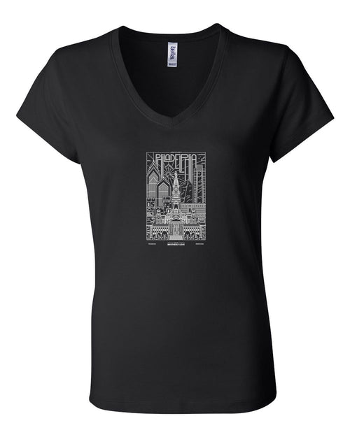 Philadelphia Skyline V2 (White Ink On Black) LADIES Junior Fit V-Neck